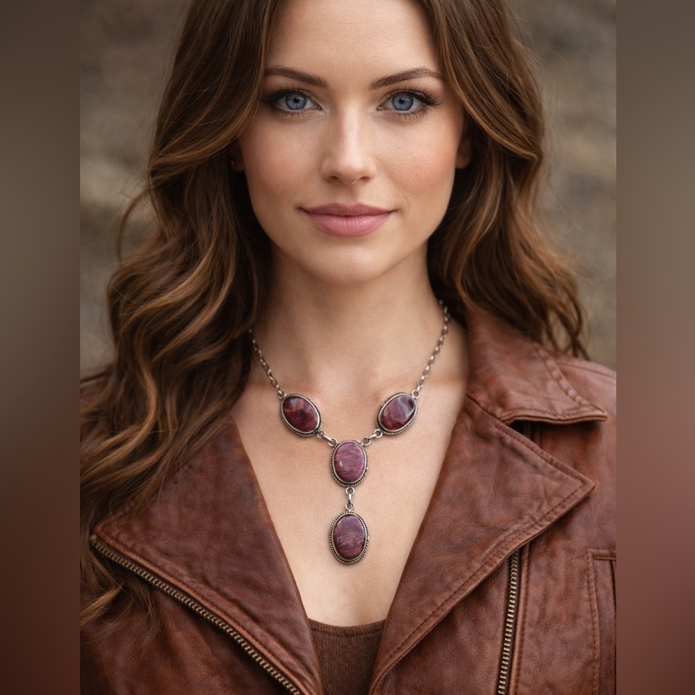 Handcrafted Artisan Purple Spiny Lariat Necklace - 925 sterling silver